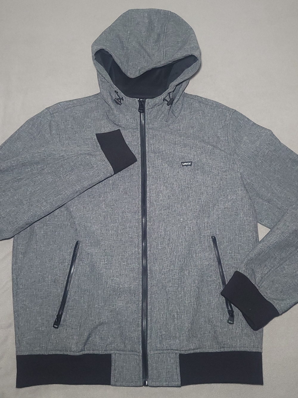 Levi's Men's Hooded Softshell Bomber Jacket Heather Grey Black Trim Size L